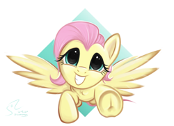 Size: 4700x3400 | Tagged: safe, alternate version, artist:fladdrarblyg, fluttershy, pegasus, pony, abstract background, cute, female, frog (hoof), high res, looking at you, mare, shyabetes, smiling, solo, spread wings, underhoof, wings