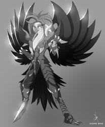 Size: 3115x3764 | Tagged: safe, artist:zidanemina, derpibooru import, captain celaeno, my little pony: the movie, armor, crossover, female, monochrome, saint seiya, solo