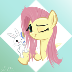 Size: 2791x2791 | Tagged: safe, artist:fladdrarblyg, angel bunny, fluttershy, pegasus, pony, abstract background, brush, brushing, bust, cute, duo, female, hairbrush, high res, looking at you, mare, messy mane, one eye closed, portrait, shyabetes, smiling, tongue out