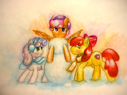 Size: 1920x1440 | Tagged: safe, artist:stardust0130, apple bloom, scootaloo, sweetie belle, earth pony, pegasus, pony, unicorn, clothes, cutie mark crusaders, earmuffs, scarf, scootaloo is not amused, snowman, traditional art, unamused