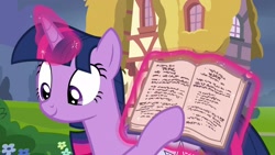 Size: 1920x1080 | Tagged: safe, screencap, twilight sparkle, twilight sparkle (alicorn), alicorn, pony, a trivial pursuit, book, magic, solo, written equestrian