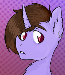 Size: 1194x1374 | Tagged: safe, artist:shadikbitardik, derpibooru import, oc, oc only, oc:shad, pony, unicorn, bust, colt, ear piercing, earring, fluffy, jewelry, male, piercing, portrait, red eyes, solo