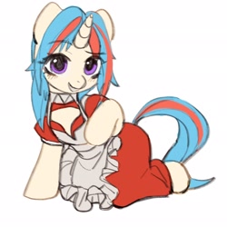 Size: 2048x2048 | Tagged: safe, artist:tingsan, oc, oc only, oc:iuth, semi-anthro, unicorn, apron, blushing, clothes, dress, female, kneeling, maid, mare, meme, pizza hut maid dress, simple background, solo, white background