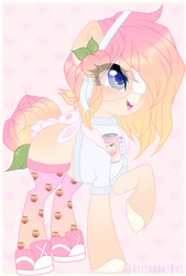 Size: 1024x1511 | Tagged: safe, artist:_spacemonkeyz_, oc, oc:peach soda, earth pony, pony, clothes, eyepatch, female, mare, shirt, socks, solo