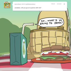 Size: 800x800 | Tagged: safe, artist:askthejuicebox, artist:docwario, oc, oc:juice box, basket, food, juice, juice box, pear juice, picnic, picnic basket, picnic blanket, sandwich