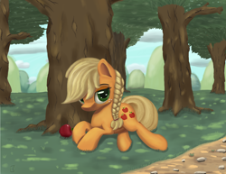 Size: 3300x2550 | Tagged: safe, artist:midwestbrony, applejack, earth pony, pony, alternate hairstyle, apple, braid, cute, female, food, forest, hatless, high res, jackabetes, mare, missing accessory, prone, solo, tree