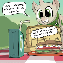 Size: 800x800 | Tagged: safe, artist:askthejuicebox, artist:docwario, oc, oc:juice box, oc:shiver, basket, food, juice, juice box, pear juice, picnic, picnic basket, picnic blanket, sandwich