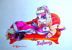 Size: 1024x710 | Tagged: safe, artist:olgfox, earth pony, pony, barbie, clothes, dress, female, hairstyle, heart, makeup, mare, open mouth, russia, shoes, simple background, sofa, tattoo, traditional art, white background