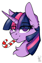 Size: 2362x3543 | Tagged: safe, artist:php97, derpibooru import, twilight sparkle, twilight sparkle (alicorn), alicorn, pony, bust, candy, candy cane, chest fluff, eye clipping through hair, female, food, lidded eyes, looking at you, mare, mouth hold, no pupils, portrait, simple background, solo, watermark, white background