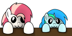 Size: 2000x1000 | Tagged: safe, artist:toyminator900, oc, oc only, oc:aureai, oc:cyan lightning, pegasus, pony, unicorn, :3, colt, female, looking at you, male, mare, simple background, table, transparent background