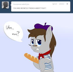 Size: 1280x1258 | Tagged: safe, artist:phoenixswift, oc, oc:fuselight, pegasus, pony, ask fuselight, baguette, beret, bread, clothes, food, french, hat, male, shirt, solo, stallion