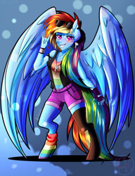 Size: 784x1019 | Tagged: safe, artist:artquake1511, derpibooru import, rainbow dash, anthro, bracelet, clothes, gloves, hand, jewelry, necklace, pony ears, sexy, shirt, shorts, socks, sunglasses, t-shirt, wings