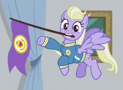 Size: 496x364 | Tagged: safe, screencap, sweet buzz, pegasus, pony, friendship university, background pony, clothes, cropped, female, flag, flying, las pegasus resident, mare, mouth hold, solo