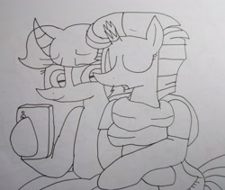 Size: 3550x2992 | Tagged: safe, artist:徐詩珮, fizzlepop berrytwist, spring rain, tempest shadow, pony, unicorn, broken horn, clothes, female, horn, lesbian, lineart, mare, scarf, shipping, sleeping, springshadow, traditional art
