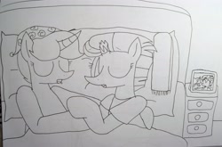 Size: 4431x2916 | Tagged: safe, artist:徐詩珮, fizzlepop berrytwist, spring rain, tempest shadow, pony, unicorn, broken horn, clothes, female, horn, lesbian, lineart, mare, scarf, shipping, sleeping, springshadow, traditional art