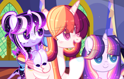 Size: 2420x1538 | Tagged: safe, artist:sugaryicecreammlp, oc, oc only, oc:astral star, oc:aura sparkle, oc:serena sparkle, alicorn, pony, alicorn oc, base used, female, filly, magical lesbian spawn, mare, offspring, parent:rainbow dash, parent:twilight sparkle, parents:twidash