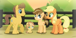 Size: 1255x637 | Tagged: safe, artist:purplepotato04, applejack, caramel, oc, oc:apple dream, oc:toffee apple, earth pony, pony, baby, baby pony, base used, carajack, colt, family, female, filly, freckles, hatless, heterochromia, male, missing accessory, offspring, parent:applejack, parent:caramel, parents:carajack, shipping, straight