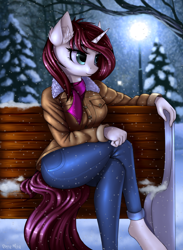 Size: 1796x2456 | Tagged: safe, artist:lightly-san, derpibooru import, oc, oc only, anthro, unguligrade anthro, unicorn, anthro oc, beautiful, bench, clothes, coat, commission, crossed legs, female, jacket, jeans, lamppost, mare, pants, pretty, scarf, smiling, snow, snowfall, solo, tree, winter