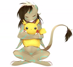 Size: 2994x2757 | Tagged: safe, artist:ariida-chi, derpibooru import, oc, oc:rune, anthro, pegasus, pikachu, child, female, happy, mare, plushie, pokémon, snuggling, solo, wings, young