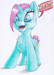 Size: 3216x4496 | Tagged: safe, artist:stallionslaughter, derpibooru import, oc, oc only, oc:peppermint flitter, pony, colored pencil drawing, solo, suggestive description, traditional art