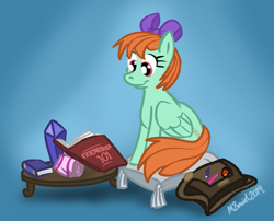 Size: 941x762 | Tagged: safe, artist:freyfox, derpibooru import, peppermint goldylinks, pegasus, pony, book, cute, female, friendship student, mare, peppermint adoralinks, solo