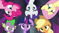 Size: 1280x720 | Tagged: safe, derpibooru import, screencap, applejack, fluttershy, pinkie pie, rarity, spike, twilight sparkle, twilight sparkle (alicorn), alicorn, dragon, earth pony, pegasus, pony, unicorn, school raze, female, floppy ears, looking down, male, mare