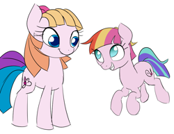 Size: 986x760 | Tagged: safe, artist:wenni, derpibooru exclusive, derpibooru import, toola roola, pony, 35th anniversary, duo, female, generational ponidox, looking at each other, mare, simple background, white background