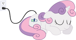 Size: 9346x5000 | Tagged: safe, artist:rmcfarland3, derpibooru import, sweetie belle, sweetie bot, pony, robot, robot pony, unicorn, absurd resolution, charging, cord, eyes closed, female, filly, foal, hooves, horn, lying down, prone, simple background, sleeping, smiling, solo, transparent background, us plug, vector