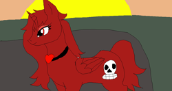Size: 963x514 | Tagged: safe, oc, oc only, alicorn, pony, alicorn oc, edgy, female, heart, jewelry, makeup, mare, necklace, red, red eyes, red eyeshadow, skull, solo, sunset