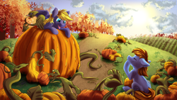 Size: 2400x1350 | Tagged: safe, artist:allyclaw, oc, oc only, oc:ad, oc:cloud quake, earth pony, pegasus, pony, pumpkin, scenery, tree