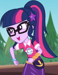 Size: 642x826 | Tagged: safe, screencap, sci-twi, twilight sparkle, better together, equestria girls, sunset's backstage pass!, clothes, collar, cropped, cute, female, forest, forest background, geode of telekinesis, glasses, hairclip, lidded eyes, logo, magical geodes, music festival outfit, ponytail, pouch, shirt, short sleeves, skirt, smiling