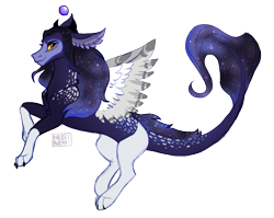 Size: 1119x890 | Tagged: safe, artist:butteredpawpcorn, oc, oc only, draconequus, hybrid, commission, draconequus oc, ethereal mane, interspecies offspring, offspring, parent:discord, parent:princess luna, parents:lunacord, simple background, solo, starry mane, transparent background