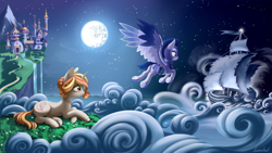 Size: 5000x2812 | Tagged: safe, artist:lunebat, oc, oc only, oc:crystal wishes, oc:silent knight, pegasus, pony, unicorn, fanfic:memoirs of a royal guard, canterlot, canterlot castle, cloud, detailed background, fanfic art, female, flying, grass, guard, lying, male, mare, moon, night, scenery, ship, stallion