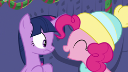 Size: 1280x720 | Tagged: safe, derpibooru import, screencap, pinkie pie, twilight sparkle, twilight sparkle (alicorn), alicorn, earth pony, pony, best gift ever, female, smiling