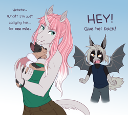 Size: 2703x2446 | Tagged: safe, artist:askbubblelee, oc, oc only, oc:rosie quartz, oc:victor bates, anthro, bat pony, cat, unicorn, angry, anthro oc, bat pony oc, carrying, clothes, dialogue, digital art, eyeshadow, female, leonine tail, makeup, male, mare, simple background, smiling, stallion, vicsie, yelling