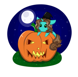 Size: 4049x4000 | Tagged: safe, artist:mimihappy99, derpibooru import, oc, oc only, oc:shimmer seadrift, pony, unicorn, chibi, commission, female, full moon, halloween, hat, heart eyes, holiday, jack-o-lantern, mare, moon, night, pumpkin, simple background, solo, transparent background, wingding eyes, witch hat, ych result