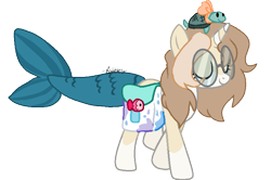 Size: 767x508 | Tagged: safe, artist:bubble-trouble-owo, oc, oc:bubbles, pony, turtle, unicorn, bag, base used, female, fish tail, glasses, mare, saddle bag, simple background, solo, transparent background