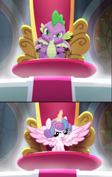 Size: 1032x1632 | Tagged: safe, editor:horsesplease, princess flurry heart, spike, dragon, pony, spoiler:s09, claws, evil grin, king spike, male, s9 throne series, smiling, throne, winged spike