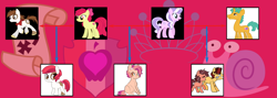 Size: 1574x560 | Tagged: safe, artist:alphamonouryuuken, artist:kianamai, derpibooru import, apple bloom, diamond tiara, pipsqueak, snails, oc, oc:api apple, oc:peach fuzz, oc:rowdy ruff, oc:spice, pony, unicorn, bisexual, cutie mark, diamondbloom, diamondsnail, family tree, female, filly, kilalaverse, kilalaverse ii, lesbian, magical lesbian spawn, next generation, offspring, parent:apple bloom, parent:diamond tiara, parent:pipsqueak, parent:snails, parents:diamondbloom, parents:diamondsnail, parents:pipbloom, pipbloom, polygamy, ribbon, shipping, the cmc's cutie marks