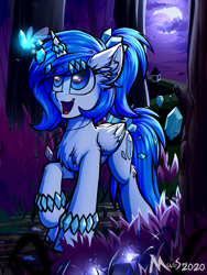 Size: 1500x2000 | Tagged: safe, artist:movieskywalker, derpibooru exclusive, oc, oc only, alicorn, pony, chest fluff, evening, fairy, female, forest, ice, open mouth, scenery, solo, walking