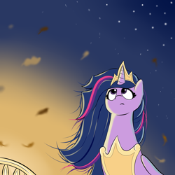 Size: 5000x5000 | Tagged: safe, artist:waffletheheadmare, princess twilight 2.0, twilight sparkle, twilight sparkle (alicorn), alicorn, pony, the last problem, eyelashes, horn, jewelry, leaves, mane, morning, older, older twilight, solo, stars, wind, wings