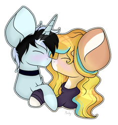 Size: 880x938 | Tagged: safe, artist:mintoria, oc, oc only, oc:sundance, pony, unicorn, clothes, female, hoodie, kissing, male, mare, simple background, stallion, transparent background