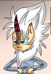 Size: 487x699 | Tagged: safe, artist:blossomblaze, oc, oc:blossomblaze, anthro, kirin, blue eyes, female, girly, goddess, smiling, spiky mane, white hair