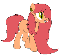 Size: 435x407 | Tagged: safe, artist:befriendsharks, oc, oc only, oc:honeycrisp, earth pony, base used, bat pony eyes, bat pony hybrid, fangs, freckles, offspring, parent:big macintosh, parent:fluttershy, parents:fluttermac, simple background, solo, white background