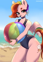 Size: 1527x2160 | Tagged: safe, artist:yukomaussi, derpibooru import, oc, oc only, oc:rainbow time, anthro, pegasus, anthro oc, beach, beach ball, clothes, female, makeup, solo, swimsuit