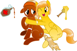 Size: 6452x4304 | Tagged: safe, artist:colonel-majora-777, oc, oc only, oc:honey drop, oc:maple dip, earth pony, pegasus, pony, food, honey, maple syrup, simple background, transparent background