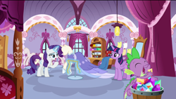 Size: 1920x1080 | Tagged: safe, screencap, rarity, spike, twilight sparkle, twilight sparkle (alicorn), alicorn, dragon, pony, unicorn, the last problem, clothes, dress, gem, horn, hungry, magic, magic aura, magic glow, mannequin, measuring tape, winged spike