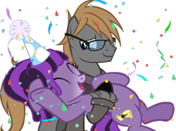 Size: 1152x858 | Tagged: safe, artist:theeditormlp, derpibooru import, oc, oc only, oc:prophetic prose, oc:the editor, earth pony, pony, female, glasses, hat, male, mare, party hat, simple background, stallion, transparent background