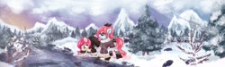 Size: 1632x489 | Tagged: safe, artist:amura-of-jupiter, oc, oc only, pony, bow, clothes, coat, creek, duo, fur, header, jacket, looking up, mountain, painting, river, snow, snowfall, sunset, tree, tree branch, winter