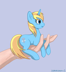 Size: 2000x2175 | Tagged: safe, artist:summonerx2, oc, oc only, oc:skydreams, human, pony, unicorn, cute, hand, holding a pony, in goliath's palm, it's dangerous to go alone, palm, smol, tiny, tiny ponies, ych result